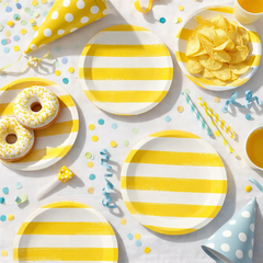Yellow & White Striped Paper Birthday Party Plates Disposable Tableware (Pack of 6, 23 cm)