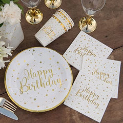 Gold Happy Birthday Party Tableware Plates Cups Napkins Modern Celebration Pack for 10