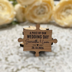 Custom Wedding Jigsaw Favours, Personalised Wooden Puzzle Piece Favors, Rustic Wood Wedding Table Keepsake Tags, Wedding Table Decoration, DESIGN 4