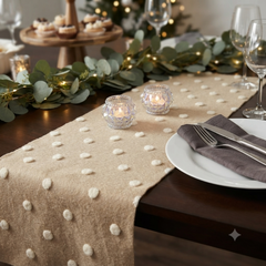 Beige Wool Table Runner With Cream Pom Poms 28cm x 1.50m