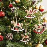 Christmas Wooden Rocking Horse Bauble Set with Bells x 6