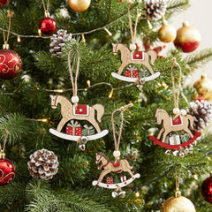 Christmas Wooden Rocking Horse Bauble Set with Bells x 6