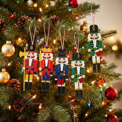 Nutcracker Soldier Wooden Hanging Ornaments - Set of 12 Red & Blue Christmas Decorations