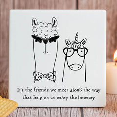 Square White Porcelain Coaster - The Friends We Meet - Llama