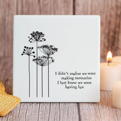 Square White Porcelain Coaster - "Making Memories" Keepsake for Every Occasion