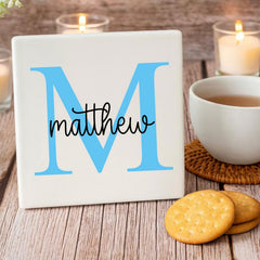 Personalised Square Blue Porcelain Coaster with Custom Initials and Name - Elegant Home Decor or Thoughtful Gift Option
