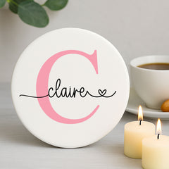 Customisable Pink Porcelain Coaster with Initials and Name - Elegant Personalised Home Décor for Coffee Tables and Special Gifts