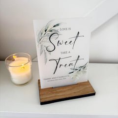 Botanical Personalised Sweet Bar Sign - Love is Sweet - Wedding Sign Opaque Acrylic A5