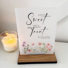 Floral Personalised Sweet Bar 'Love is Sweet' Wedding Sign - Opaque Acrylic A5