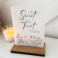 Floral Personalised Sweet Bar 'Love is Sweet' Wedding Sign - Opaque Acrylic A5