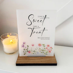 Floral Personalised Sweet Bar 'Love is Sweet' Wedding Sign - Opaque Acrylic A5