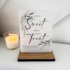 Botanical Personalised Sweet Bar Sign - Love is Sweet - Wedding Sign Opaque Acrylic A5