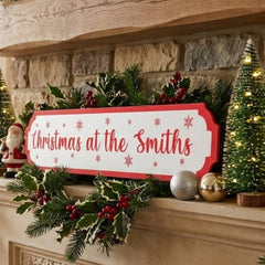 Personalised Snowflake Christmas Road Sign in Red and White for Festive Decoration