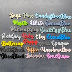 Personalised Acrylic Birthday Party Place Names, Coloured Napkin Wedding Favours, Small Childrens Craft Name Tags, Modern Laser Cut Names, Font 6