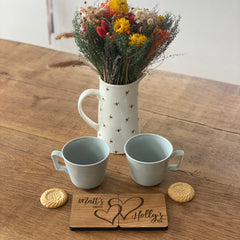 Personalised Wooden Coasters with Names and Drink - Set of 2 - Perfect for Couples Gift