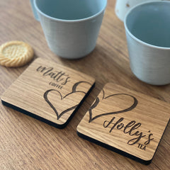 Personalised Wooden Coasters with Names and Drink - Set of 2 - Perfect for Couples Gift