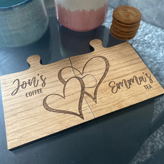 Personalised Wooden Jigsaw Coasters with Hearts - Set of 2 - Perfect for Couples Gift