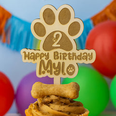 Personalised Birch Wood Paw-Shaped Pet Birthday Cake Topper - Custom Name & Age