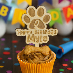 Personalised Birch Wood Paw-Shaped Pet Birthday Cake Topper - Custom Name & Age