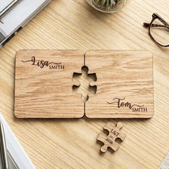 Personalised Couples Wooden Coaster and Jigsaw Token with Name and Date Gift