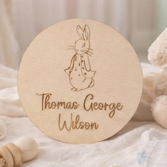 Personalised Peter Rabbit Wooden Name Announcement Disc New Baby Keepsake 9.9 cm