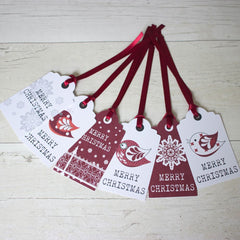 Christmas Tags, 'Merry Christmas' With Birds x6