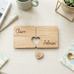 Personalised Couples Coaster with Heart Token, Names and Date Wedding Keepsake Gift