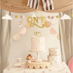 PartyDeco 1st Birthday Banner Mice Design Gold Pink 3m, Brown