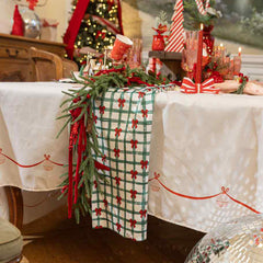 Green Bows Squares Christmas Polyester Table Runner Festive Holiday Dining Table Decor 3m