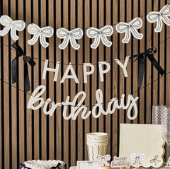 Happy Birthday Card Banner White Black Satin Bows Party Decoration (200cm)