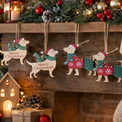 Wooden Merry Christmas Dog Hanging Decorations for Rustic Festive Homes, Pack of 8