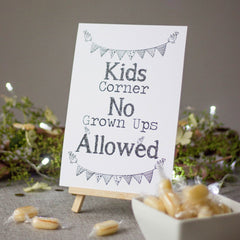 wedding-sign-white-kids-corner-no-grown-ups-allowed-sign-and-easel|LLSTWMAMKC|Luck and Luck| 1