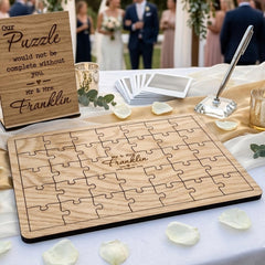 Personalised Rustic Oak Wedding Jigsaw Guest Book with Display Base