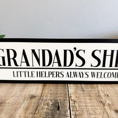 Personalised Shed Road Sign Grandad's Shed, Little Helpers Welcome!