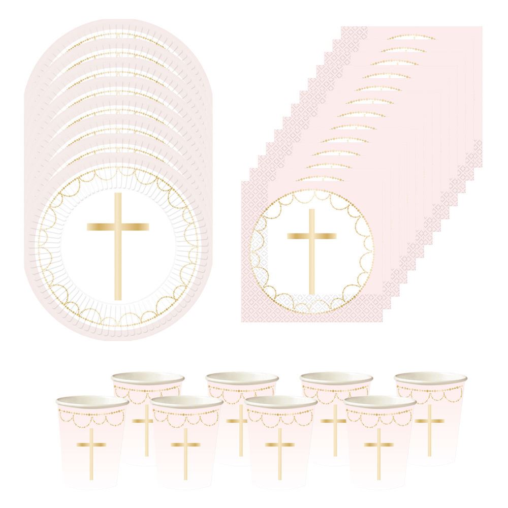 gold-cross-pink-party-pack-plates-napkins-christening-confirmation|LLPINKCROSSPP|Luck and Luck| 1