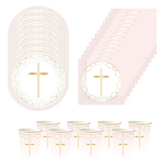 gold-cross-pink-party-pack-plates-napkins-christening-confirmation|LLPINKCROSSPP|Luck and Luck| 1