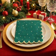 Green & Gold Christmas Napkins, Star Scalloped Festive Dining Tableware (Pack of 16)