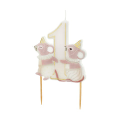 PartyDeco 1st Birthday Cake Candle Pink Mice Number 1, White