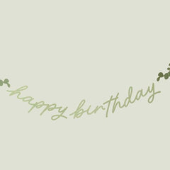 Botanical Happy Birthday Banner in Green Paper for Modern Party Styling, 2 m