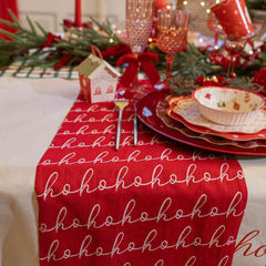Red Hohoho Christmas Polycotton Table Runner Festive Holiday Dining Table Decor 3m