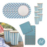 Blue Striped Paper Plates, Cups and Napkins Tableware Set (Party Pack for 6)