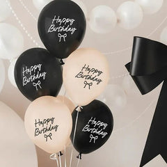 Cream Black Happy Birthday Balloons Bow Design Pack of 6
