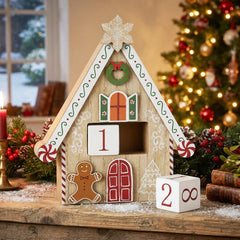 Wooden Gingerbread House Christmas Advent Countdown in Red for Festive Home Decor