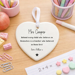 Personalised Thank You Teacher Porcelain Hanging Heart Gift 7 cm