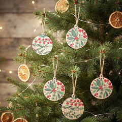 Wooden Leaf and Berry Christmas Hanging Decor for Rustic Festive Homes, Pack of 8
