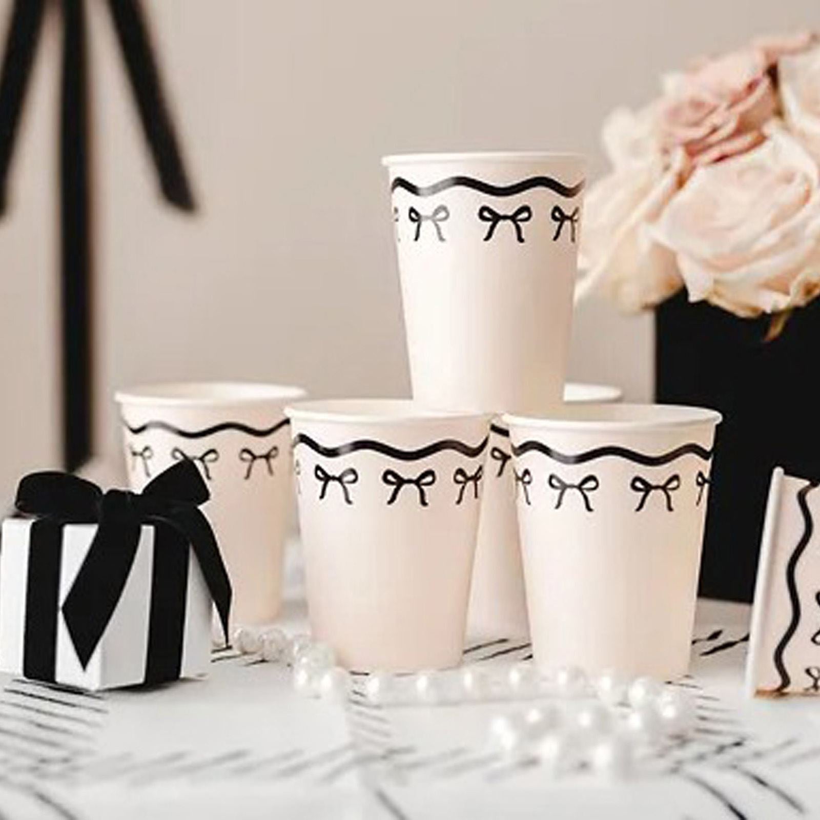cream-paper-cups-with-black-bows-x-6-elegant-party-cups|KPP93|Luck and Luck| 1