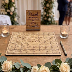 Personalised Rustic Oak Wedding Jigsaw Guest Book with Base 48 Pieces