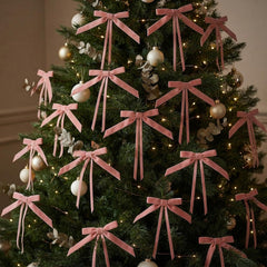 Pink Velvet Christmas Bows Festive Present Home Tree Decorations Styling Set of 8