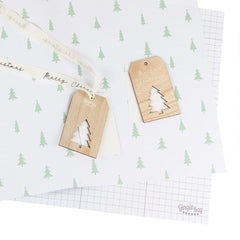 White Green Christmas Wrapping Paper with Ribbon and Wooden Tag, Pack of 2