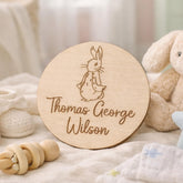 Personalised Peter Rabbit Wooden Name Announcement Disc New Baby Keepsake 9.9 cm